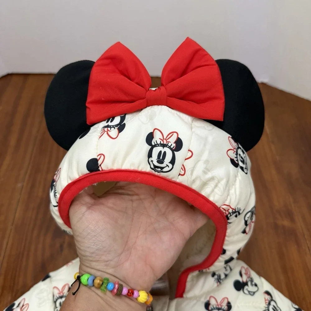 Disney Junior Minnie Mouse Hooded Puffer Jacket White Sherpa Sequin M Size 4T